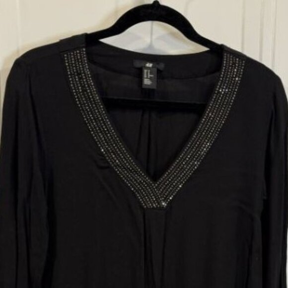 H&M Tops - H&M Black Embellished V-Neck Blouse Size 10 EUC